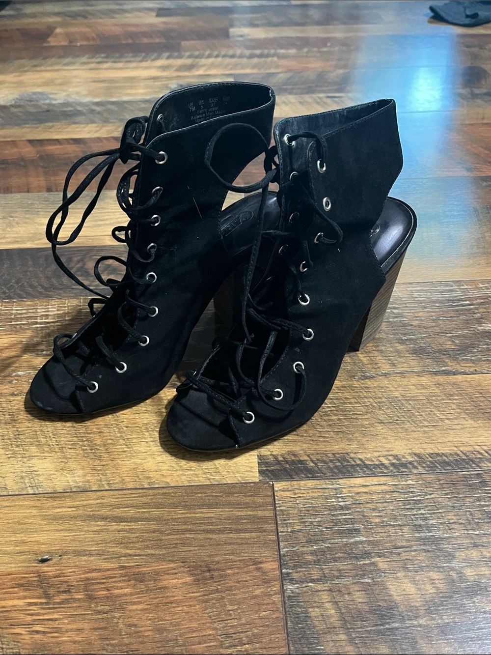 Carlos by Carlos Santana Black Lace-Up Peep Toe Block Heel Ankle Booties